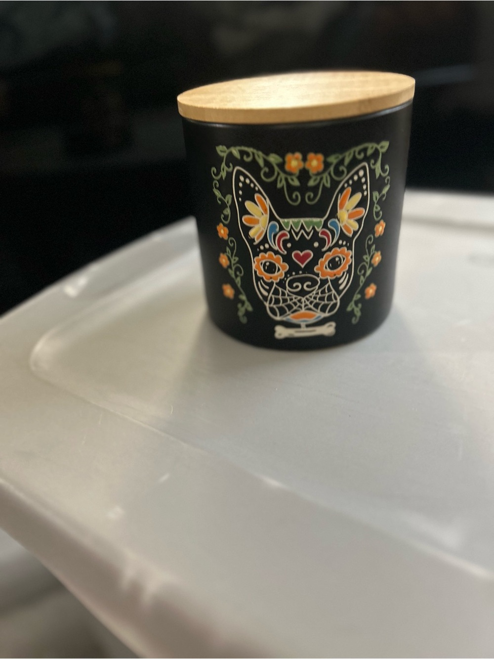 Black Ceramic Canister with Floral Dog Artwork and Wood Lid - Picture 2 of 5